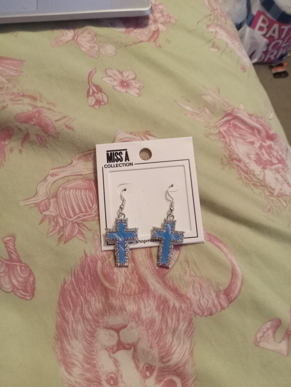 NWOT Women's Silver Plated Blue Rhinestone Cross Dangle Earrings